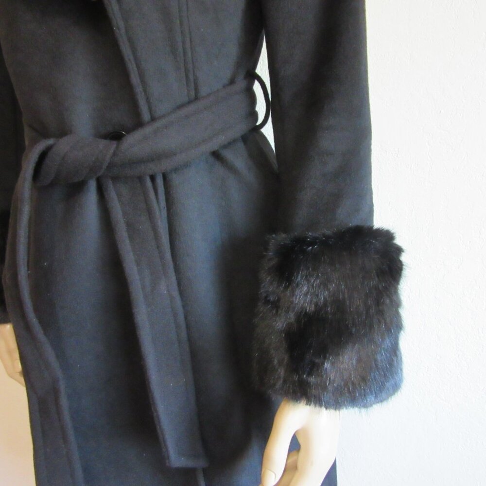 VIA SPIGA Black Faux Fur Trim Wool Belted XXS Coat - Picture 2 of 8